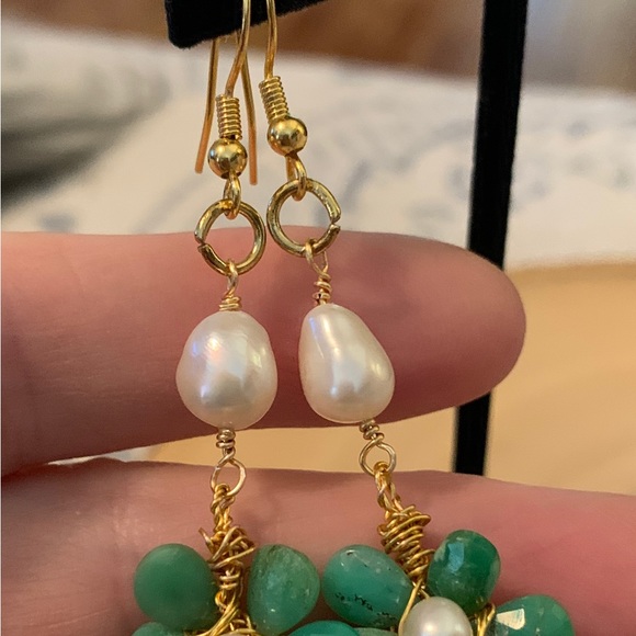 Handmade Chrysoprase and Pearl Flower Earrings - Picture 5 of 6